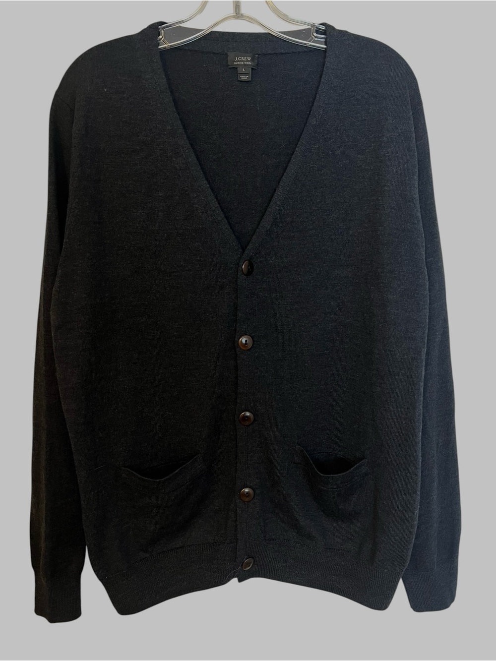 J.Crew 100% Merino Wool Cardigan L Gray V Neck Patch Pockets Preppy Classic